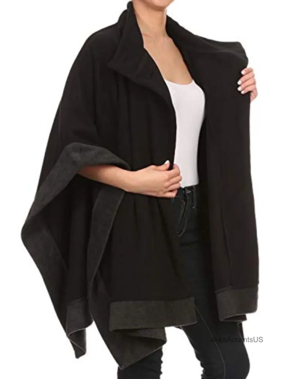 Oversized Solid Plaid Fleece Poncho Blanket Wrap Cape with Pockets